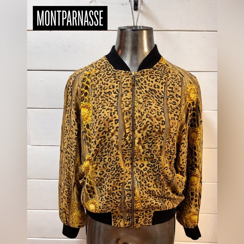 MONTPARNASSE Yellow Black Leopard Print Vintage Bomber Jacket Size S